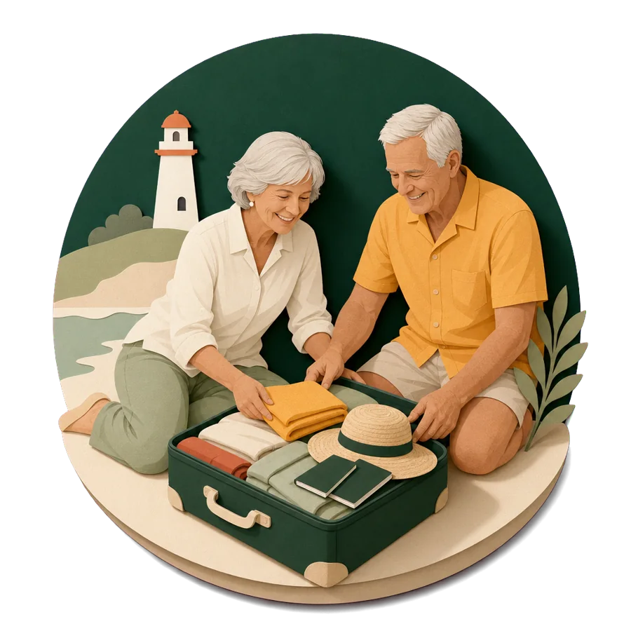 A couple in their late 60s packing a suitcase together