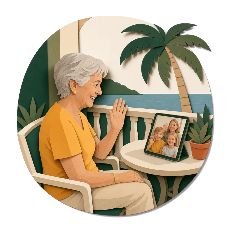 A woman on a balcony overseas waves to her grandchildren on a video call