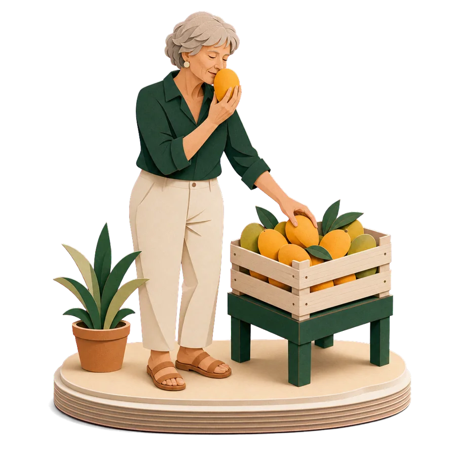 A woman in her late 60s chooses ripe mangoes from a fruit crate, for who Pattaya and Jomtien suit