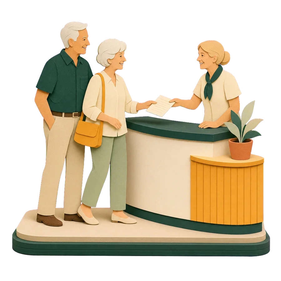A couple in their late 60s check in at a clinic reception desk