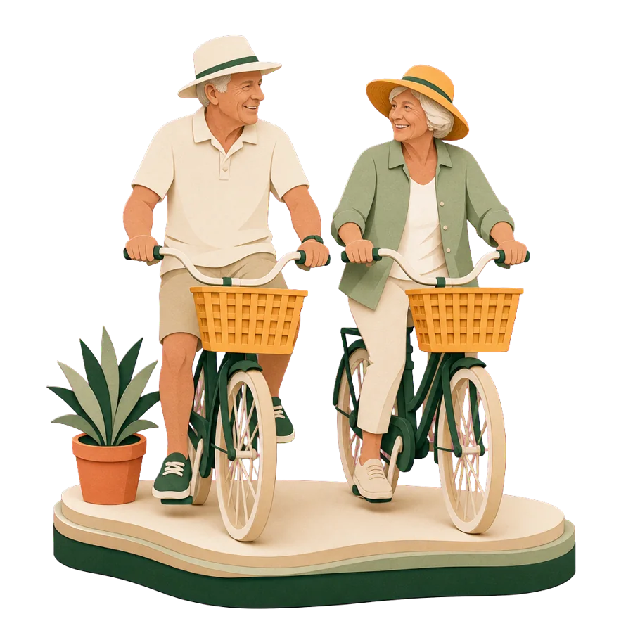 A couple in their late 60s riding bicycles side by side