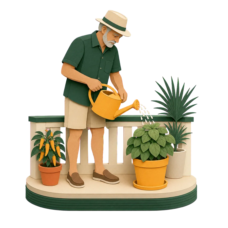 A man in his late 60s waters pots of chillies and basil on a balcony, for day-to-day life in a Pattaya flat