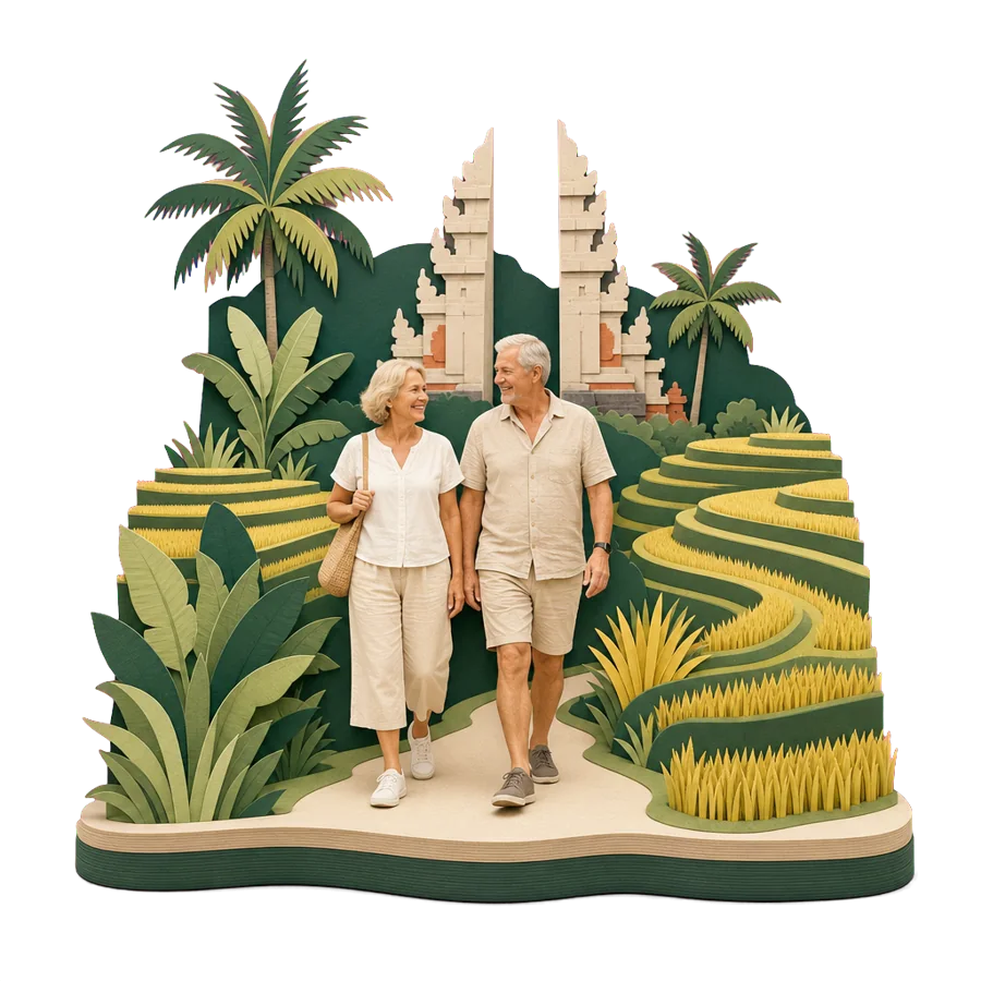 A couple in their late 60s walk through green rice terraces, for who Ubud suits