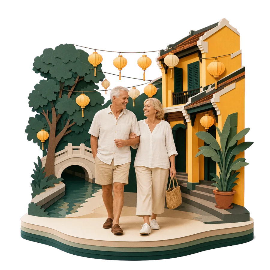 A couple in their late 60s stroll arm in arm under silk lanterns in Hoi An, for who Hoi An suits