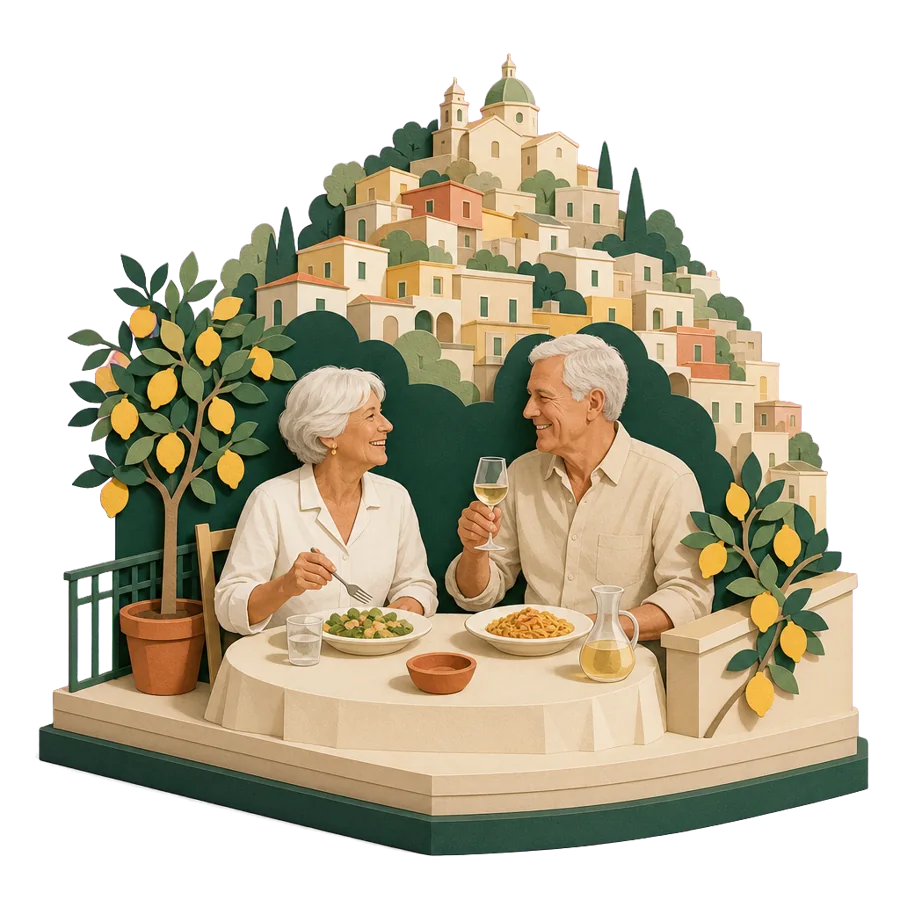 A couple in their late 60s sharing a meal on a lemon-tree terrace above an Italian coastal village