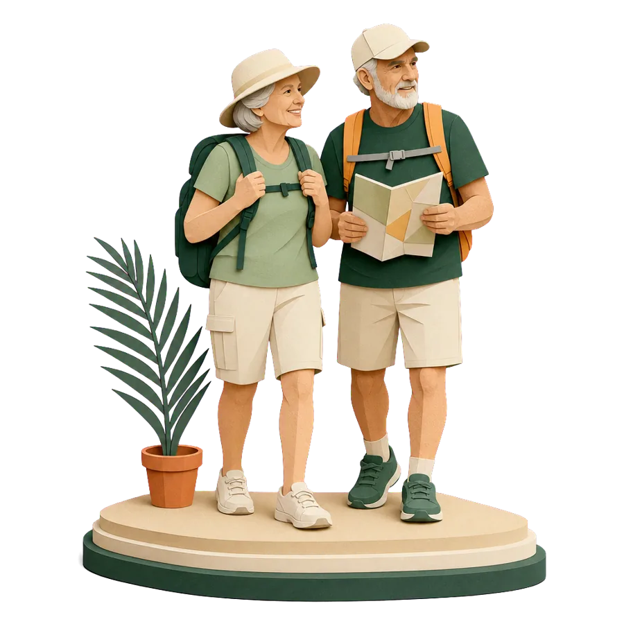 A couple in their late 50s with backpacks and a map, planning to retire overseas early before the Age Pension