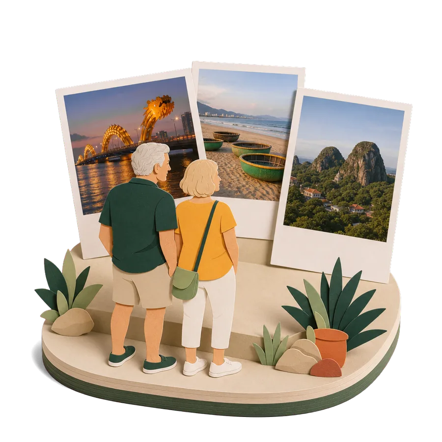 A couple in their late 50s looking at photos of Da Nang, weighing a trial year overseas before retiring for good