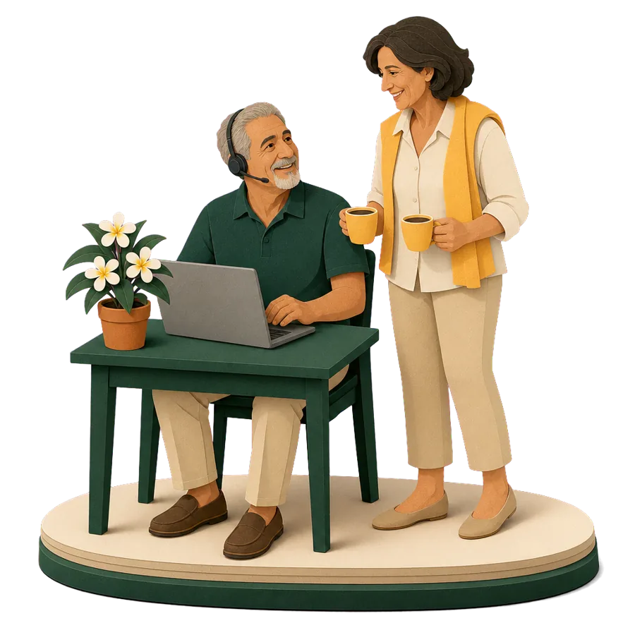 A man in his late 50s working on a laptop overseas as his wife brings coffee, retiring early before super and the pension