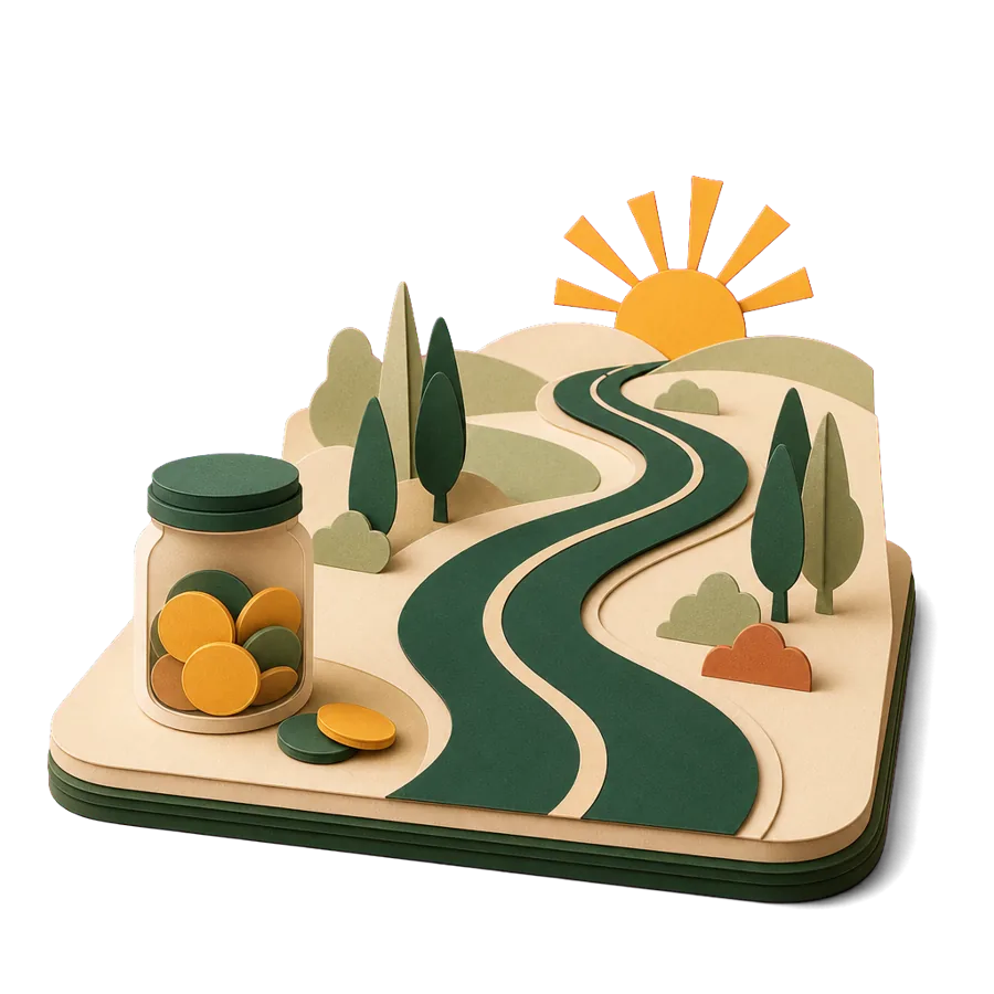 A winding paper road from a jar of coins to a mango sun, the years to fund when retiring overseas at 55 to 59