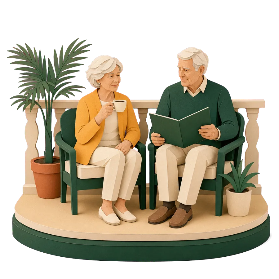 A couple around 70 on a balcony overseas, weighing a stay longer than 26 weeks and their Age Pension