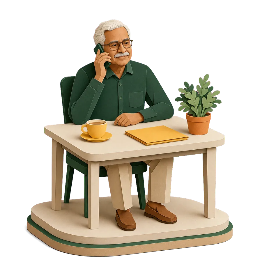 A man in his late 60s phoning about his Age Pension at the kitchen table before going overseas for more than 6 weeks