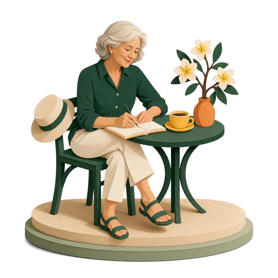 A woman in her early 60s at a café overseas with a notebook, spending winters abroad before she reaches 67