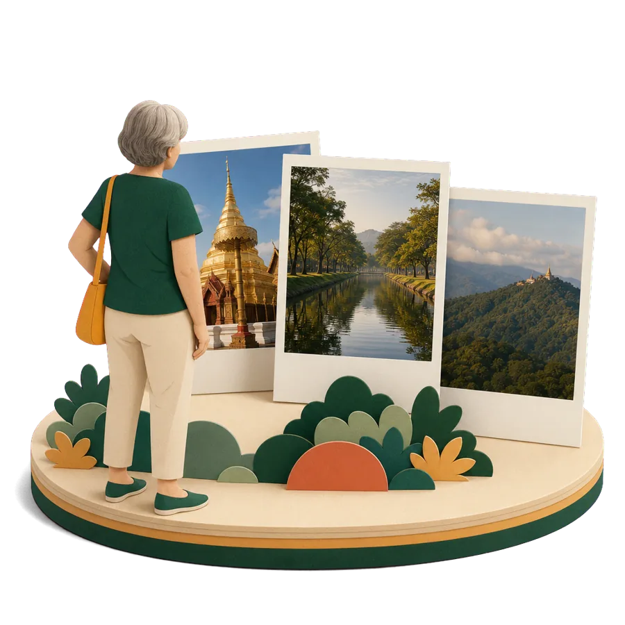 A single woman in her early 60s looking at photos of Chiang Mai, planning winters overseas before the Age Pension