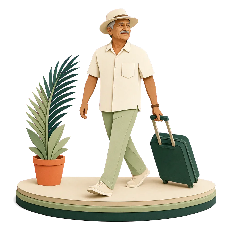 A man in his early 60s setting off with a suitcase, retiring overseas at 60 to 66 before the Age Pension
