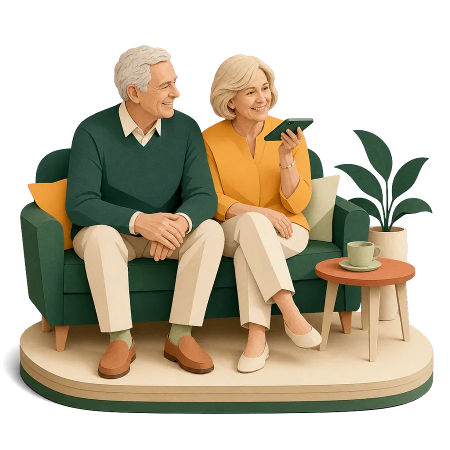 A couple in their early 60s on a speaker call asking an insurance broker about health cover for retiring overseas