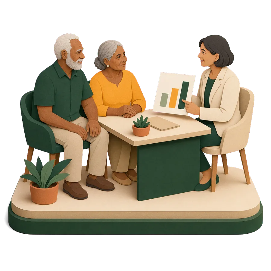 A couple around 70 talking with a financial adviser about living overseas on the Age Pension and their home