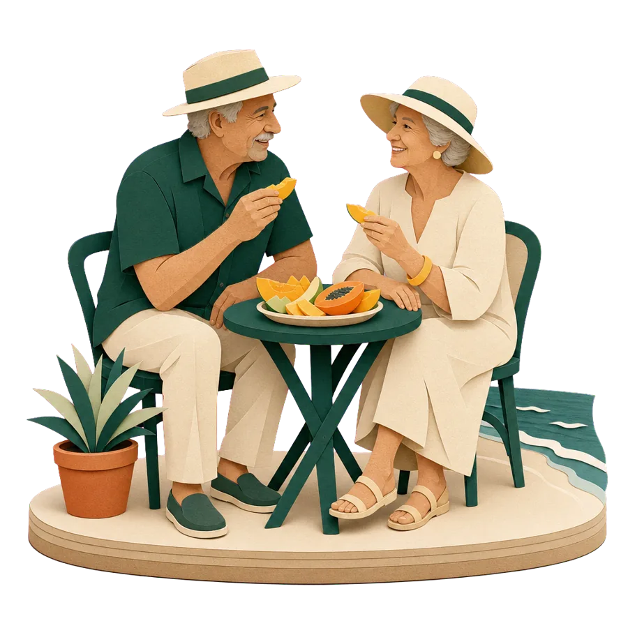 A couple around 70 at a seaside café, retiring overseas at 67 to 74 on the Age Pension from Australia