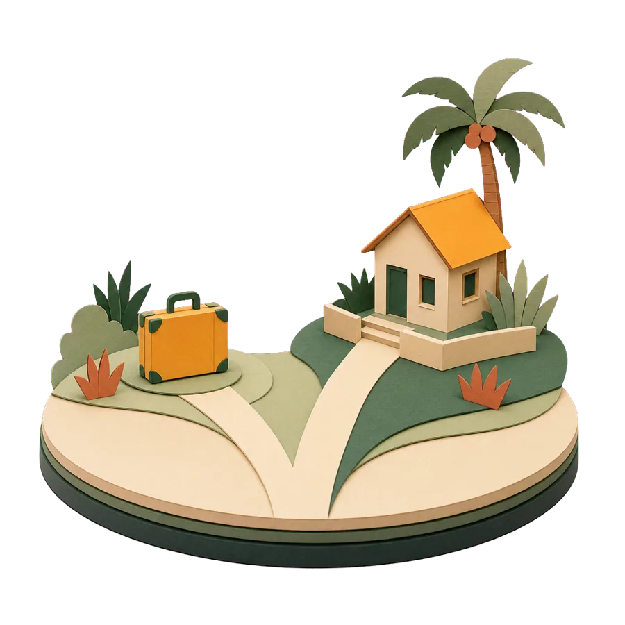 Two paper paths, one to a suitcase and one to a house with a palm, a trip versus a move on the Age Pension at 67 to 74
