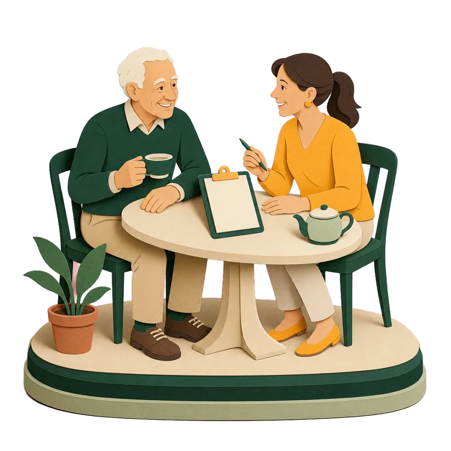 A man in his mid 70s and his daughter writing a coming home plan before a winter overseas at 75 and over