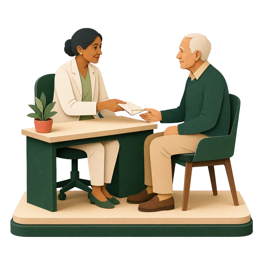 A man in his mid 70s getting a letter from his GP for his medicines before travelling overseas at 75 and over