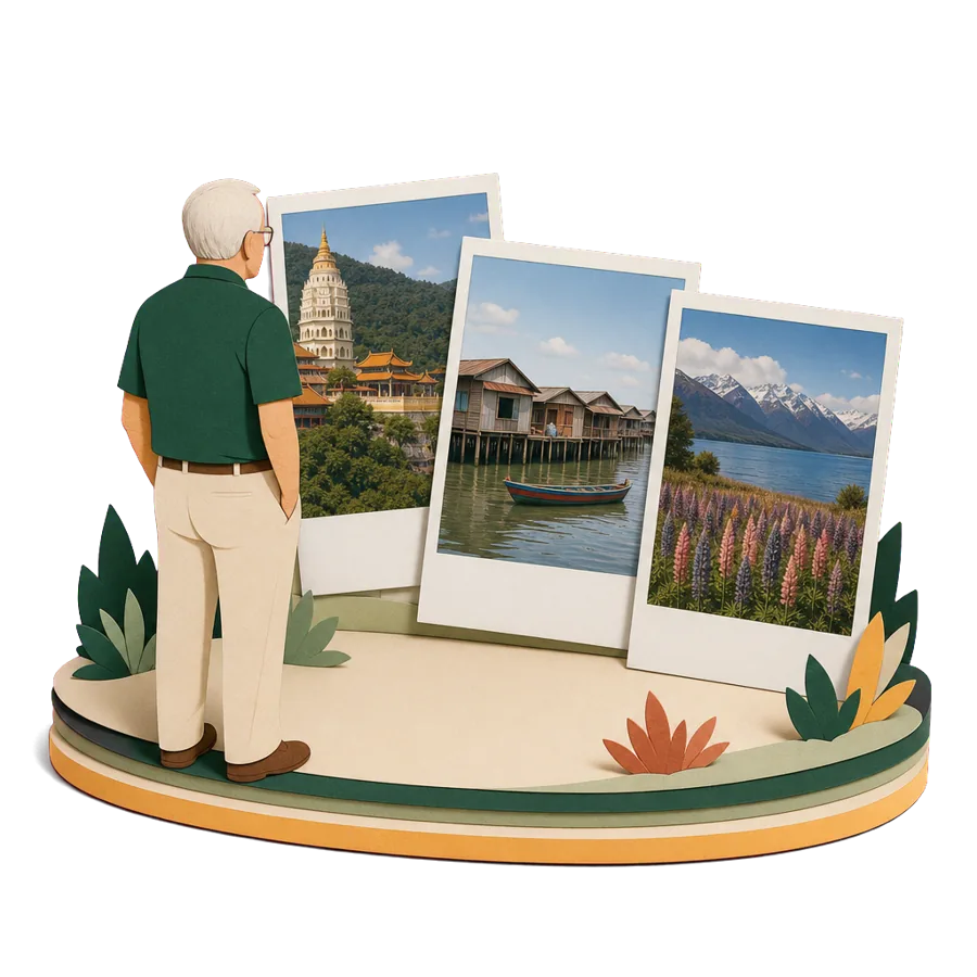 A man in his mid 70s looking at photos of Penang and New Zealand, planning a ten week winter away at 75 and over