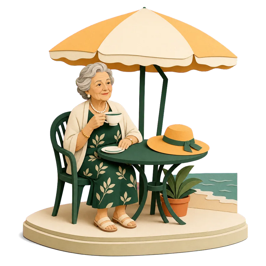 A woman in her mid 70s enjoying tea by the sea, retiring overseas at 75 and over with a shorter winter stay