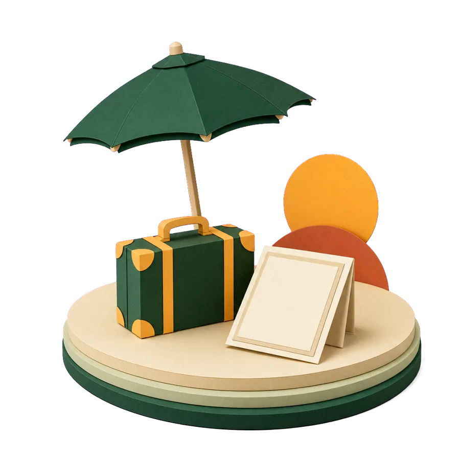 A paper umbrella over a suitcase and a folded document, insurance first when travelling overseas at 75 and over