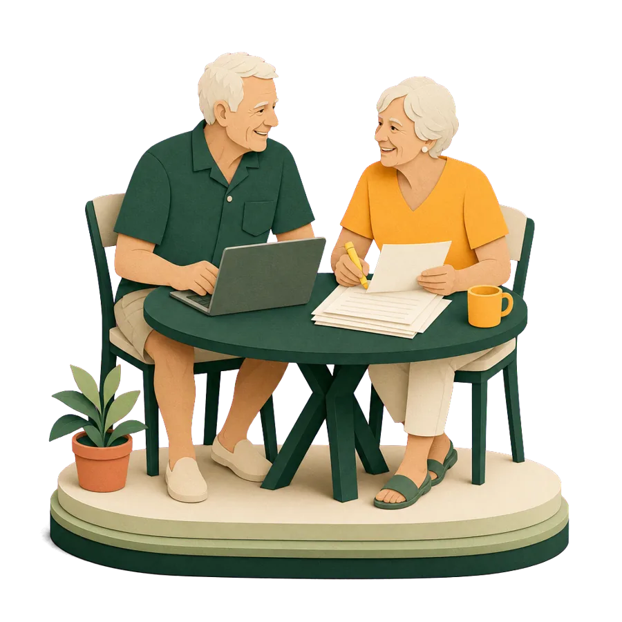 A couple in their late 60s at their kitchen table working through printed pages about retiring overseas