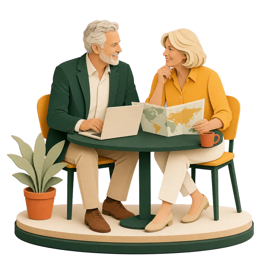 A couple in their late 50s planning an early retirement overseas with a laptop and a map