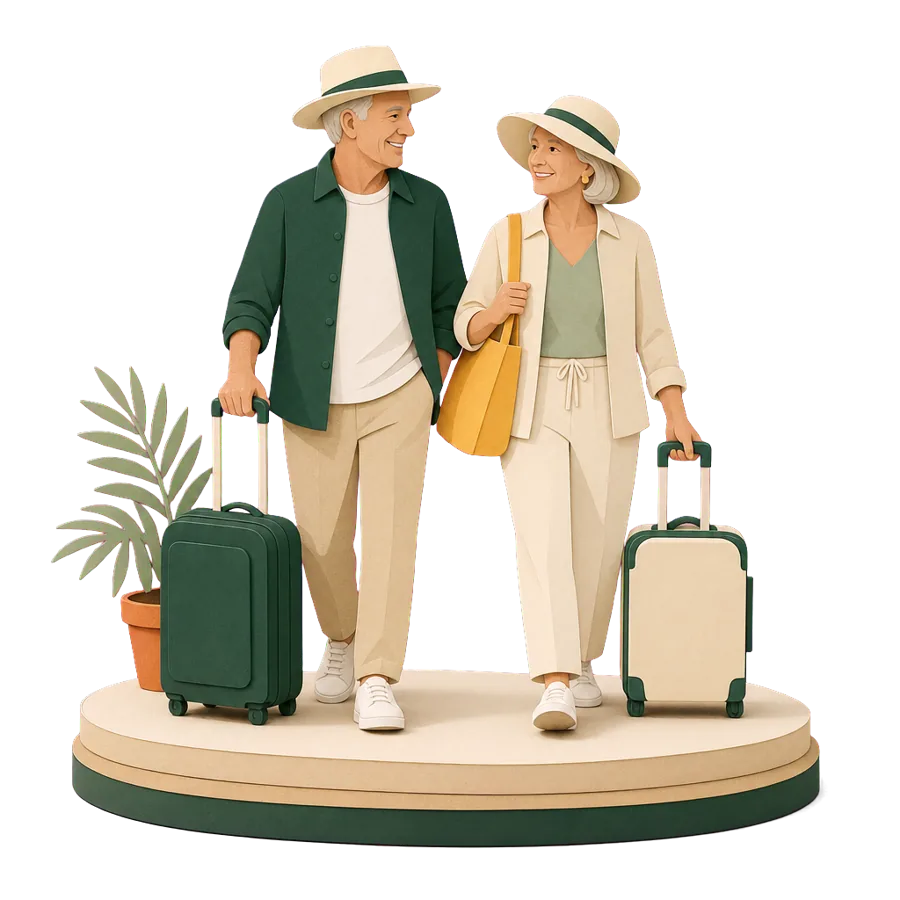 A couple in their early 60s heading off for a long winter away with their suitcases