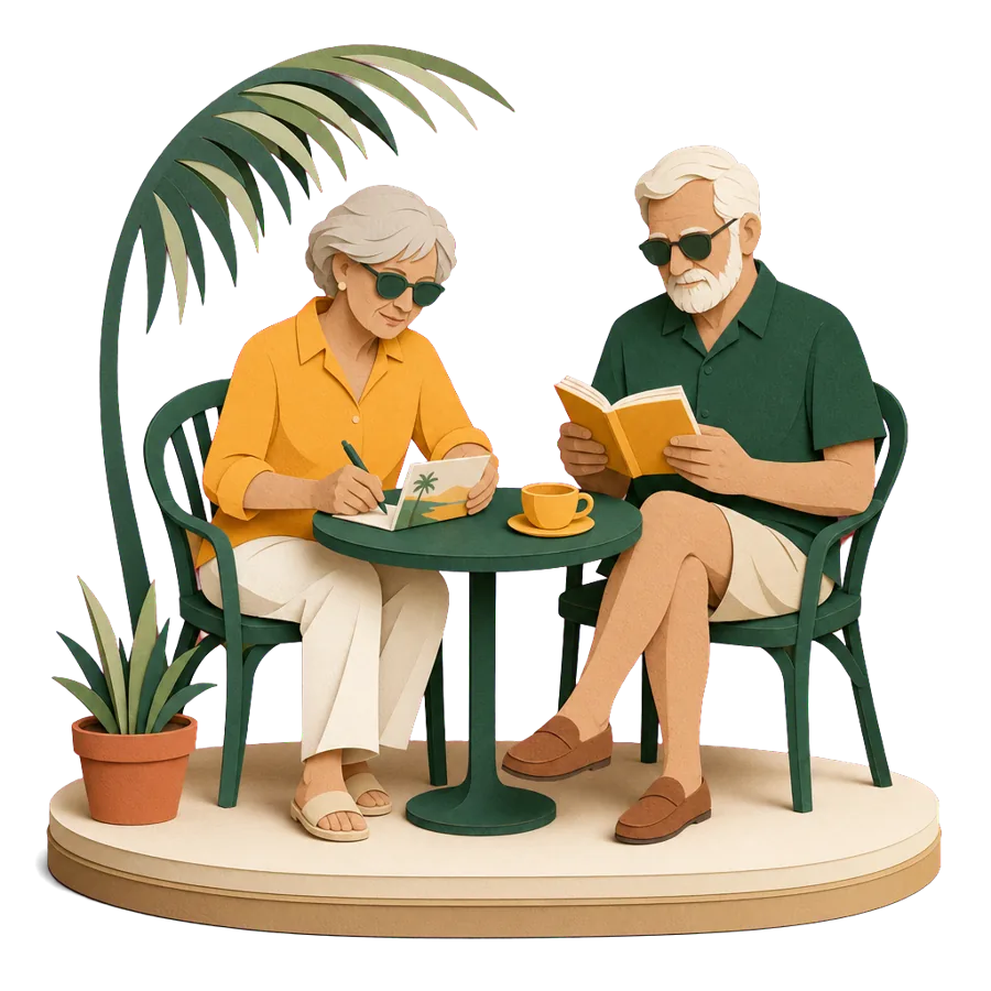 A couple around 70 relaxing at a cafe table overseas, one reading and one writing a postcard