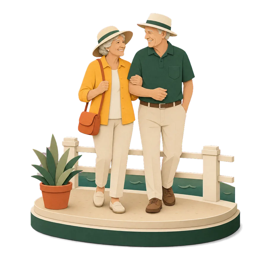 A couple in their late 70s walking arm in arm along a seaside promenade