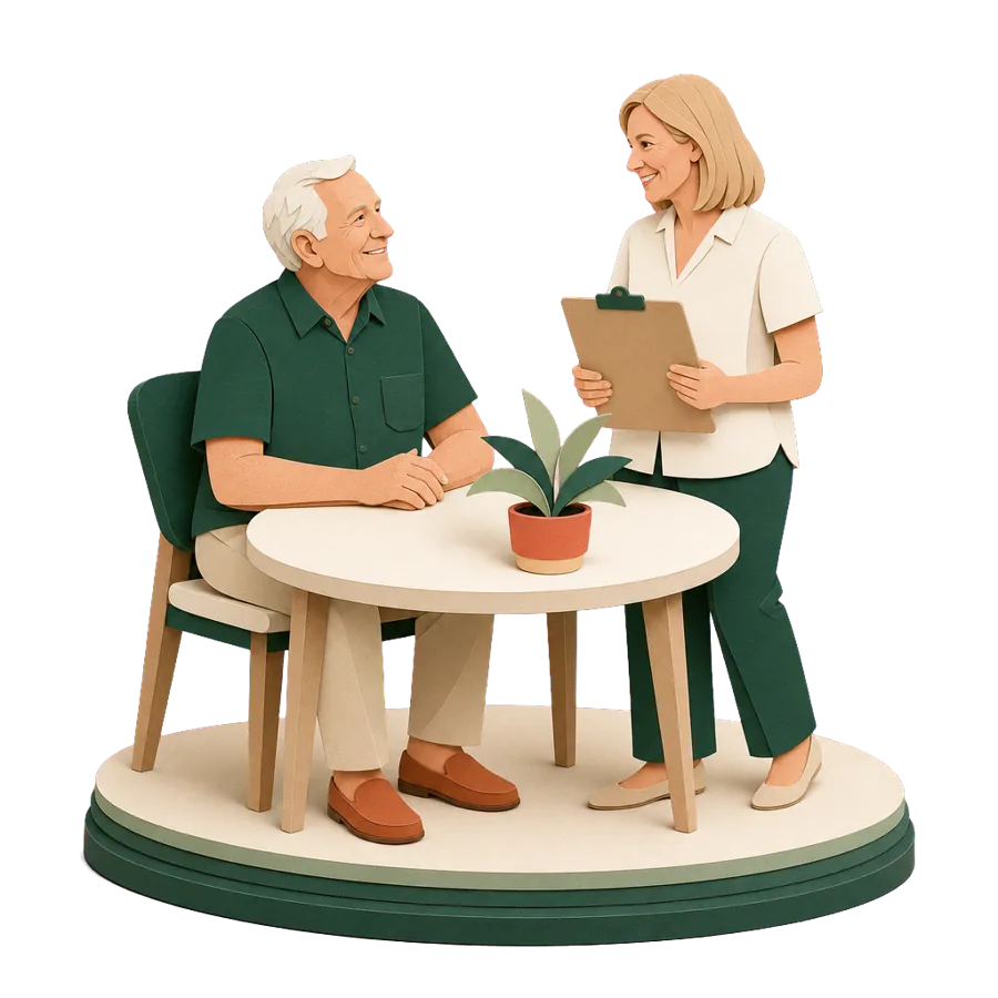 A man in his mid 70s at home with an assessor, the first step to getting aged care in Australia