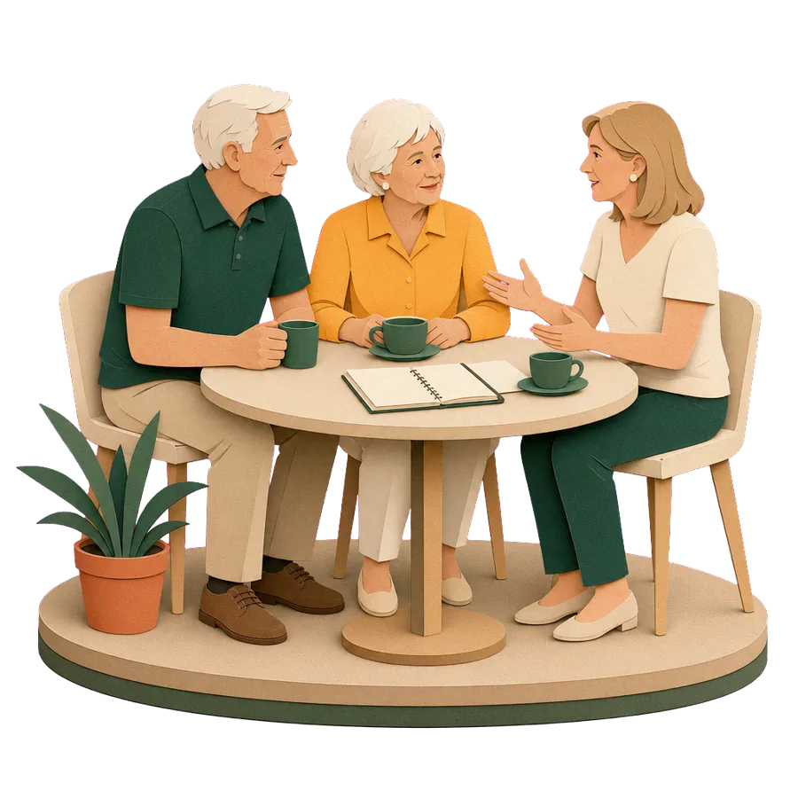A couple in their mid 70s and their daughter talking at the table about aged care costs and choices