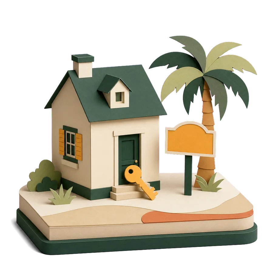 A small house with a key and a blank sign beside a palm tree, asking if Australian aged care is available overseas