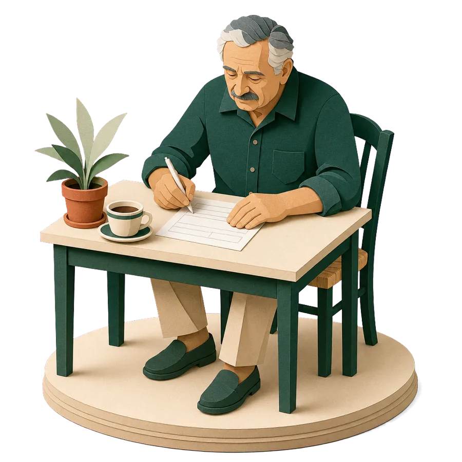 A retired man fills in a blank form at a kitchen table, for private health insurance when living in the Algarve