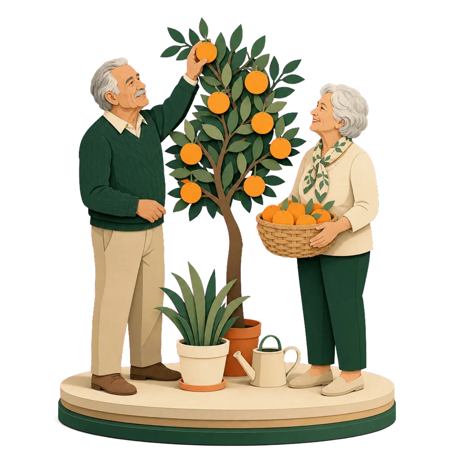 A retired couple pick oranges from a tree into a basket, for who the Algarve suits with its mild, sunny winters