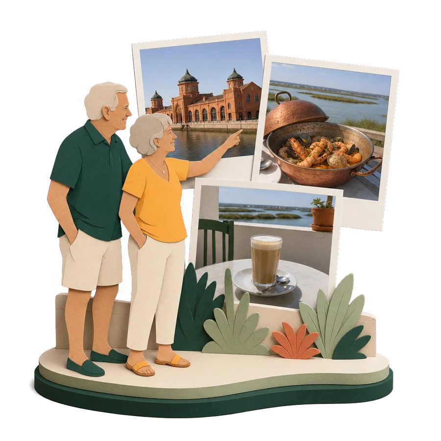 A retired couple beside photos of the Olhão market halls, a seafood cataplana and a cafe coffee in the Algarve