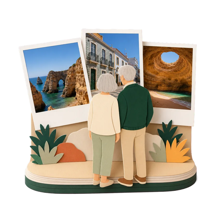 Retirees in the Algarve look at photos of Ponta da Piedade sea arches, Lagos old town tiles and Benagil cave