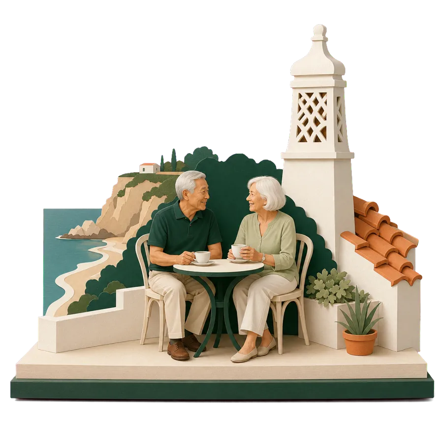 A retired couple have coffee on a roof terrace by a white lace chimney, for where Australians live in the Algarve