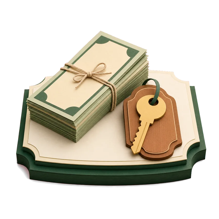 A bundle of plain paper banknotes and a villa key, for paying a year’s rent up front in Bali