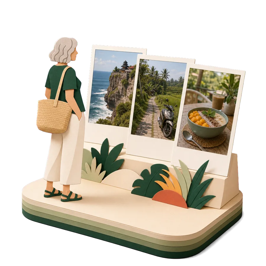 A woman on her own looks at photos of Uluwatu temple, a rice field lane and a cafe, for retiring early in Bali