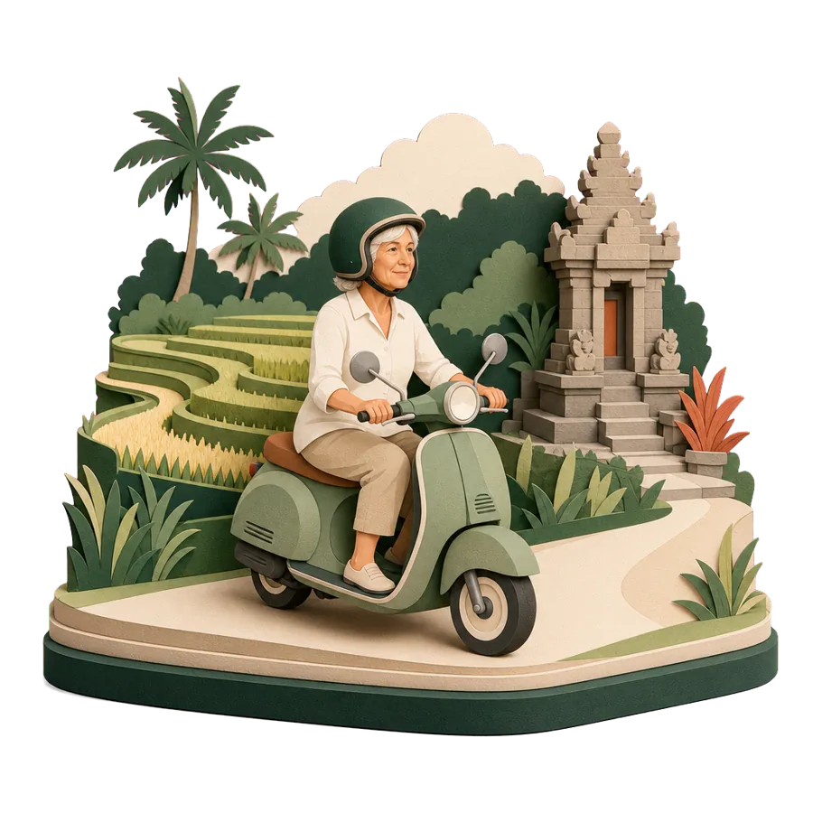 A woman rides a scooter past rice fields and a small temple shrine, for a slower life retiring in Bali