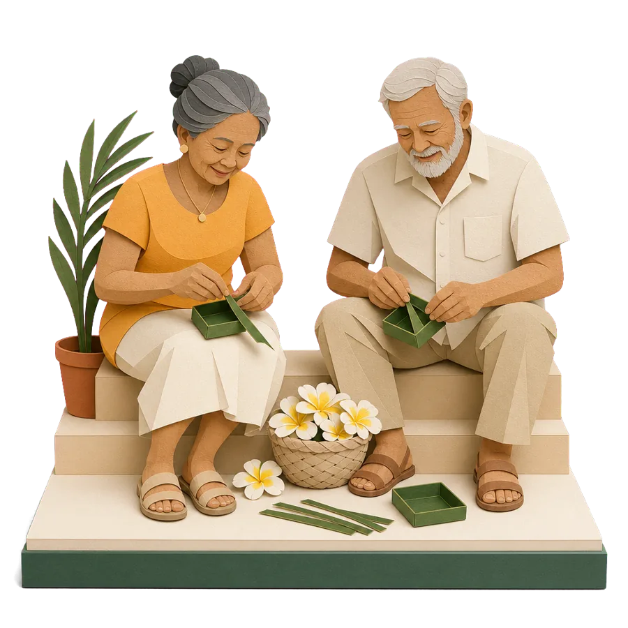 A retired couple fold palm-leaf offering trays with frangipani flowers, for who Bali suits and what to weigh up