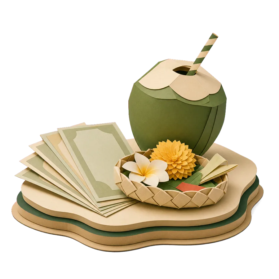 Paper banknotes with no numbers, a palm-leaf offering tray and a coconut, for the cost of living in Bali