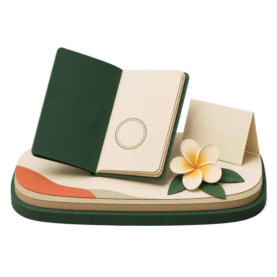 A generic passport with a blank entry stamp beside a frangipani flower, for visas to Bali for Australians