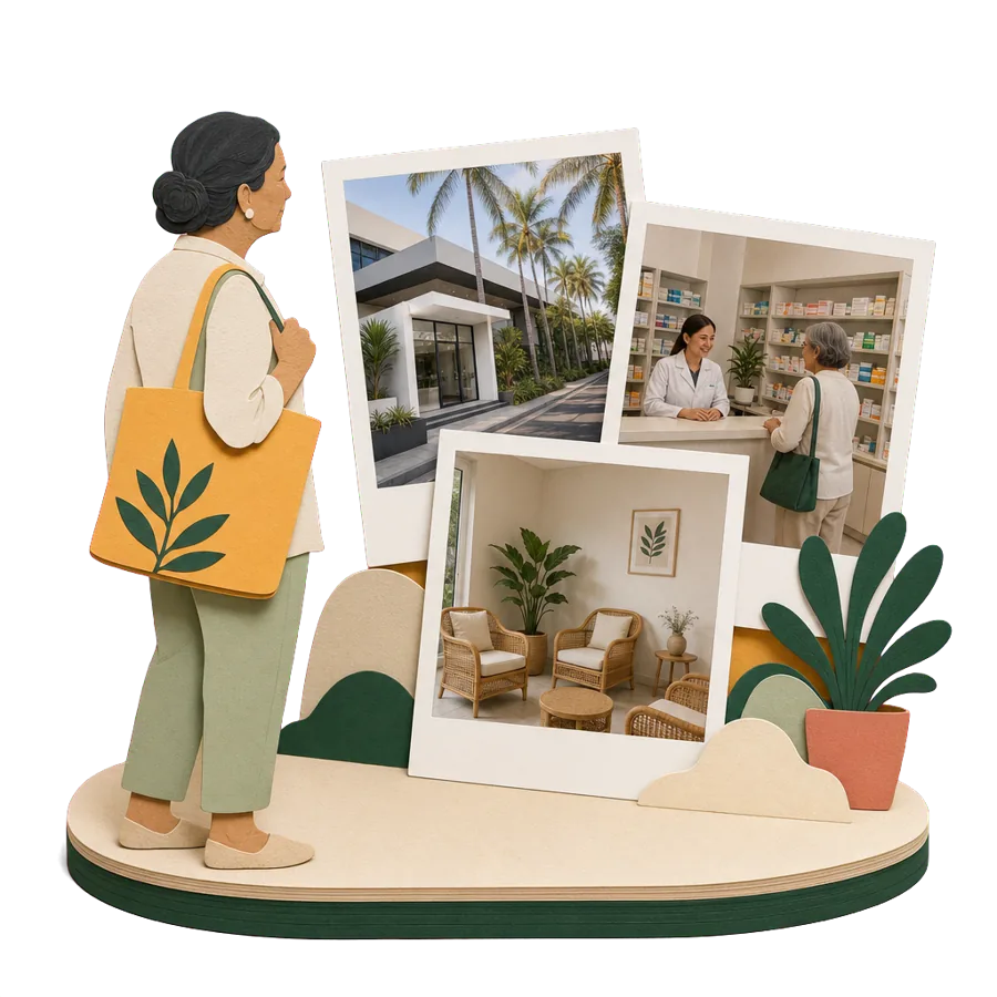 A retiree looks at photos of a private clinic in Denpasar, a pharmacy and a waiting room, for health care in Bali