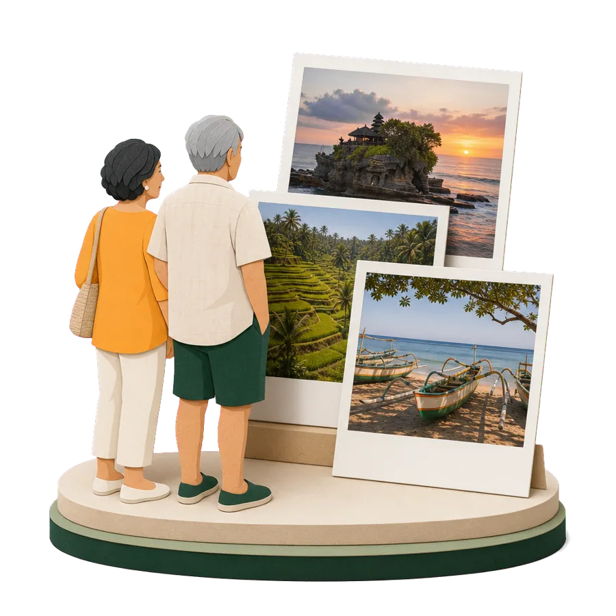 Retirees in Bali look at photos of Tanah Lot temple, the Ubud rice terraces and outrigger boats on Sanur beach