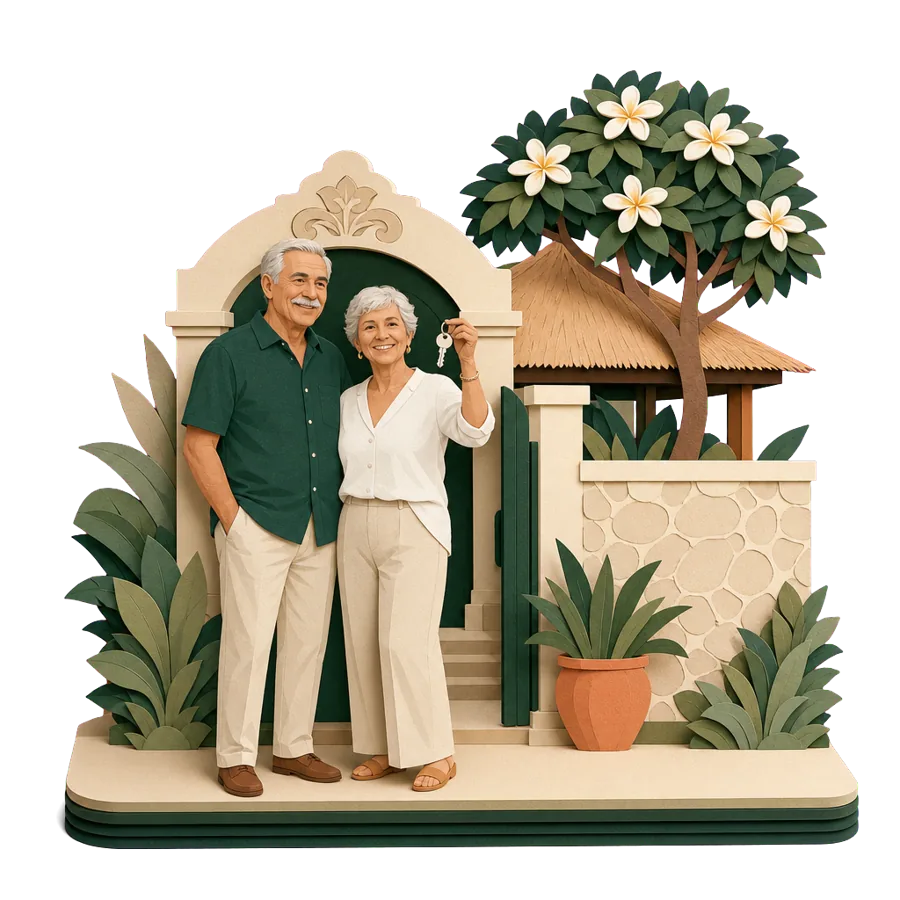 A retired couple collect the key at the stone gate of a small villa, for where Australians live in Bali