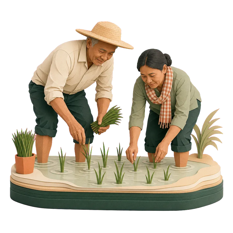 A retired man helps a local woman plant rice seedlings, for who Cambodia suits and what to weigh up